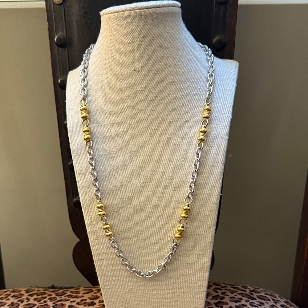 Vintage Monet Chunky Silver Tone Runway Necklace with Gold Tone Barrel Accents.